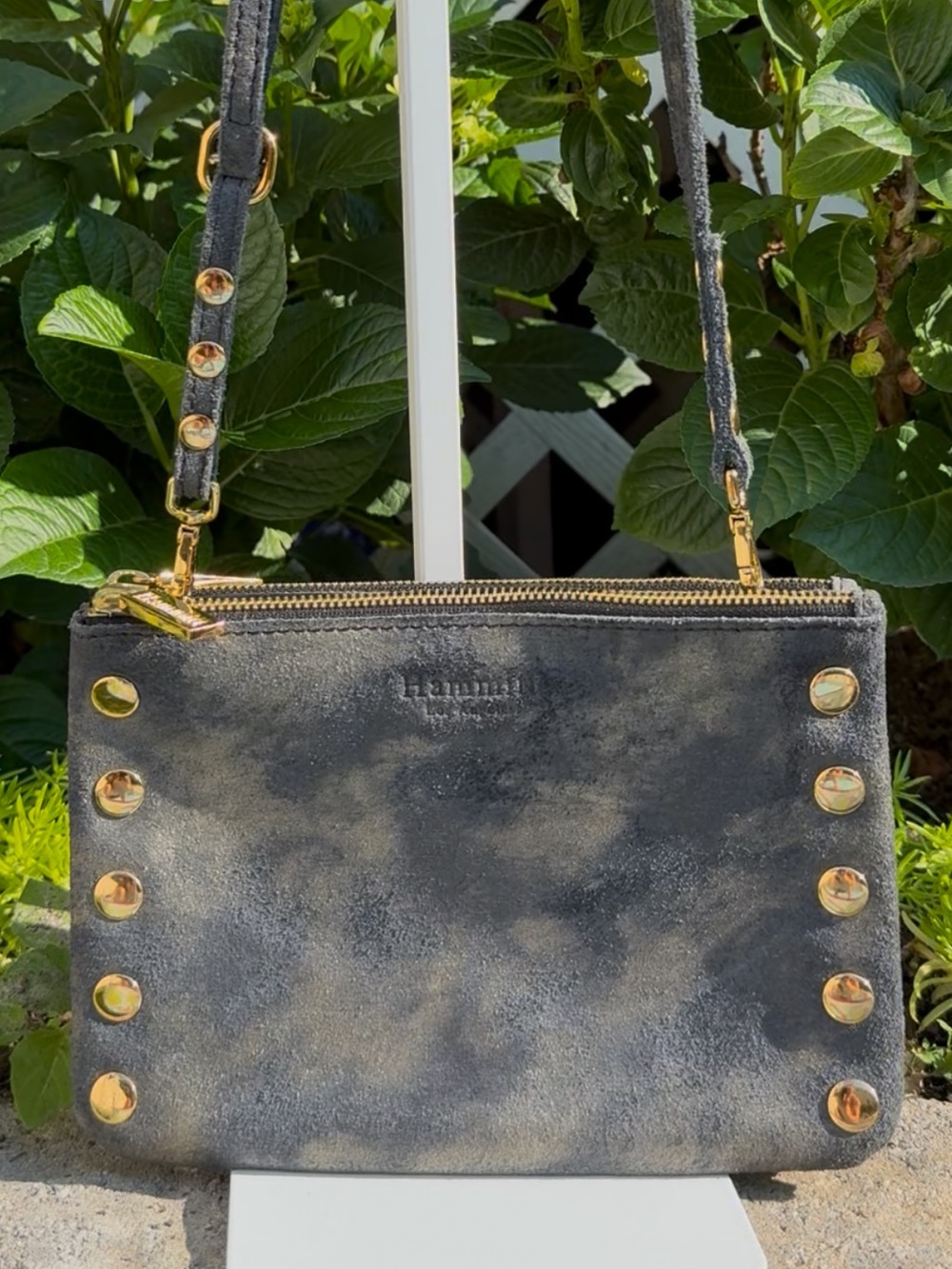 Hammit Gold Stud Suede Gray Crossbody Shoulder 3 Compartment Bag
